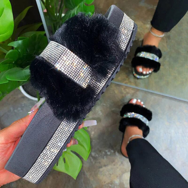 Luxury Women Fur Rhinestone Slippers