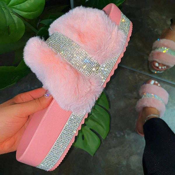 Luxury Women Fur Rhinestone Slippers