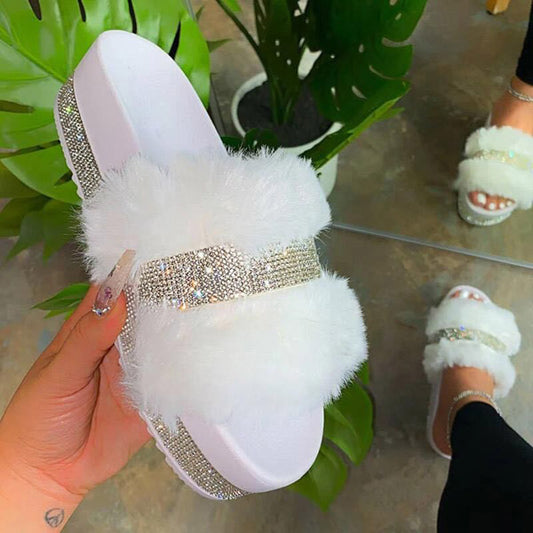 Luxury Women Fur Rhinestone Slippers