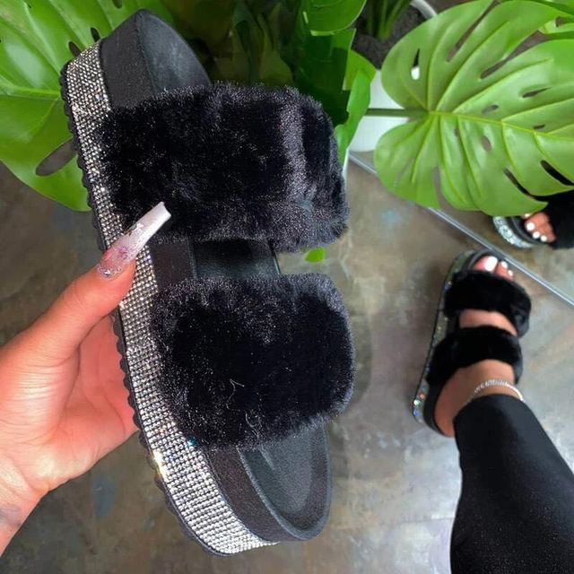 Luxury Women Fur Rhinestone Slippers