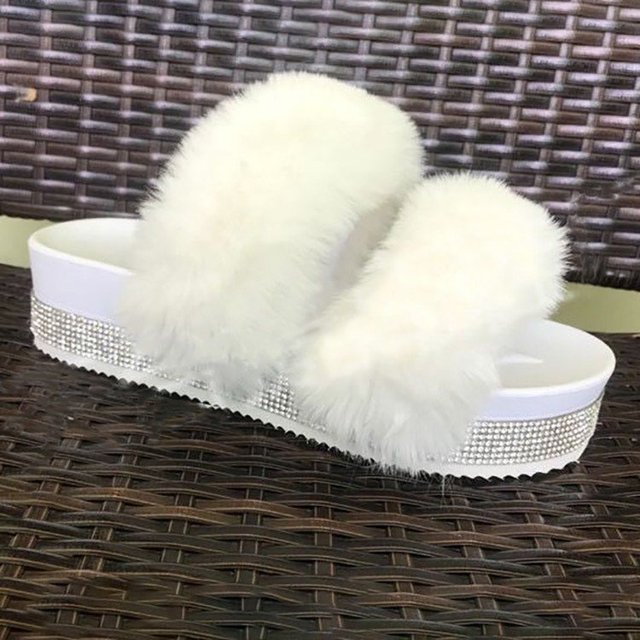 Luxury Women Fur Rhinestone Slippers