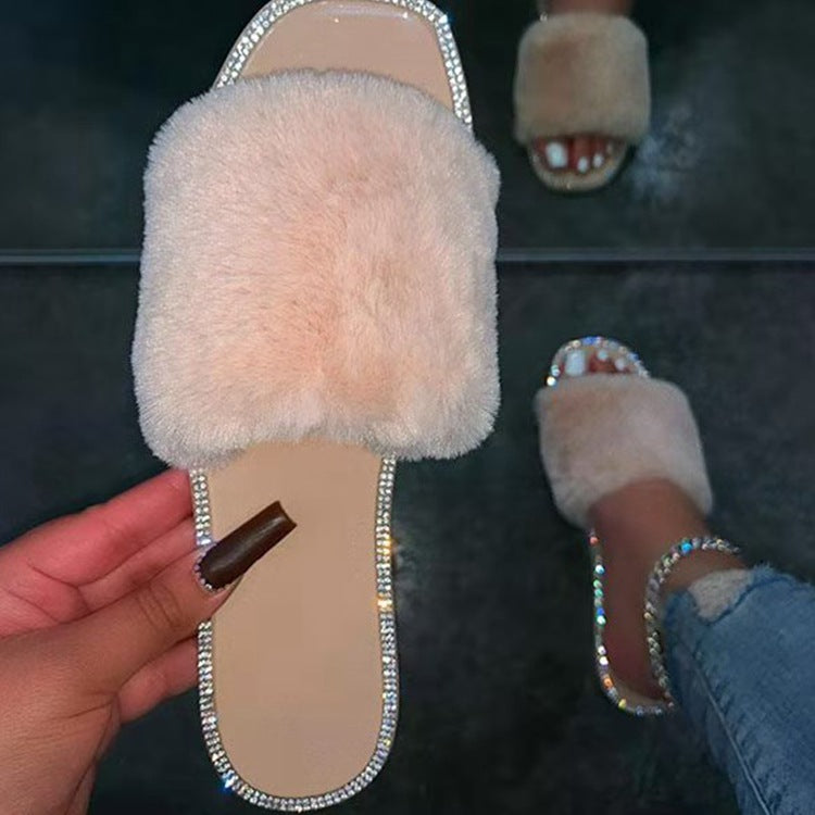 Square toe Rhinestone Fur Slippers